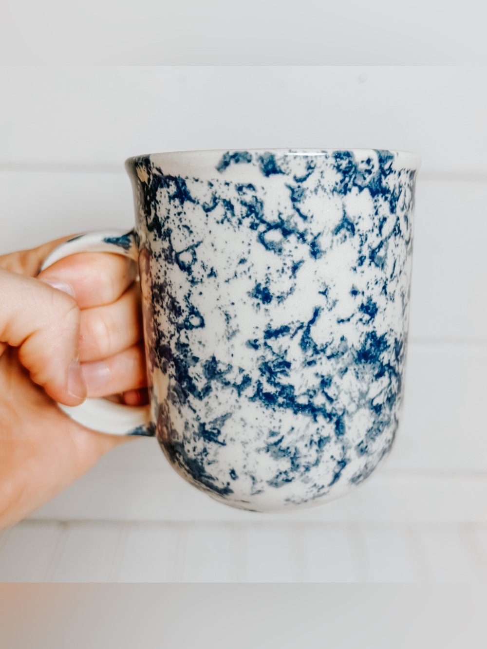 Vintage Tienshan Folkcraft “Fruits” Blue Coffee Mug | Spongeware Mug